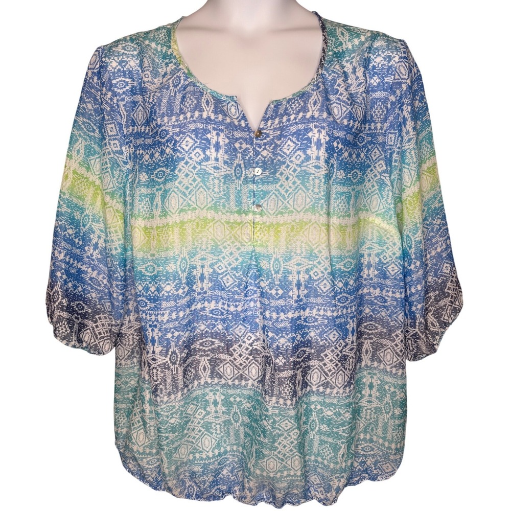 CATHERINES Blue Green Ombre Geometric Peasant Blouse Sz 1X Boho Chic Flowy Airy